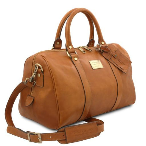 TL Voyager - Travel leather duffle bag with pocket on the back side - Small size